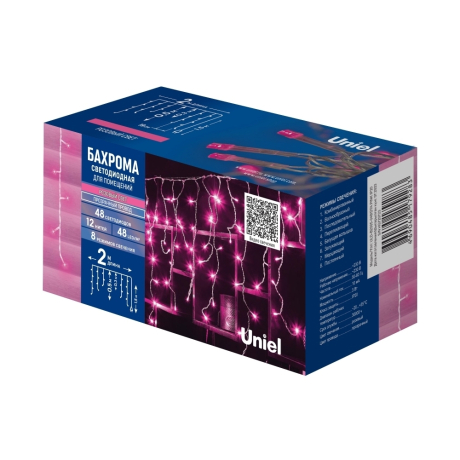 677119 Бахрома светодиодная, 2м. 48 светодиодов. Теплый белый свет. Провод прозрачный. ТМ Uniel (UL-00010872)