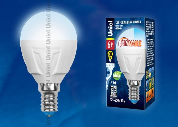 Лампа светодиодная диммируемая шар E14 6W 4500K (Белый свет) матовая Uniel Palazzo LED-G45-6W/NW/E14/FR/DIM PLP01WH картон (UL-00000692), цвет серый LED-G45-6W/NW/E14/FR/DIM PLP01WH картон - фото 2