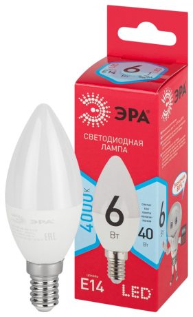Нарушена упаковка!  <299608> Лампочка светодиодная ЭРА RED LINE LED B35-6W-840-E14 R E14 / Е14 6 Вт свеча нейтральный белый свет Б0051057