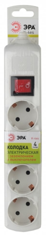 Колодка ЭРА  4 розетки с зазeмлением с выключателем белая 168067