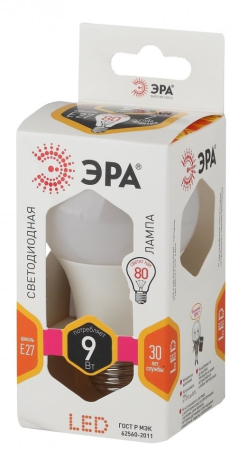 Лампа светодиодная ЭРА E27 9W 2700K матовая LED A60-9W-827-E27 Б0032246 