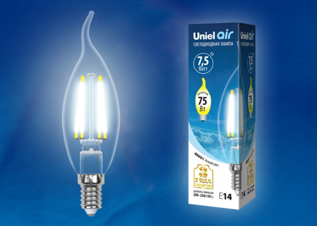 Лампа светодиодная Uniel Air Е14 7,5W 4000K прозрачная LED-CW35-7,5W/NW/E14/CL GLA01TR картон (UL-00003296) 