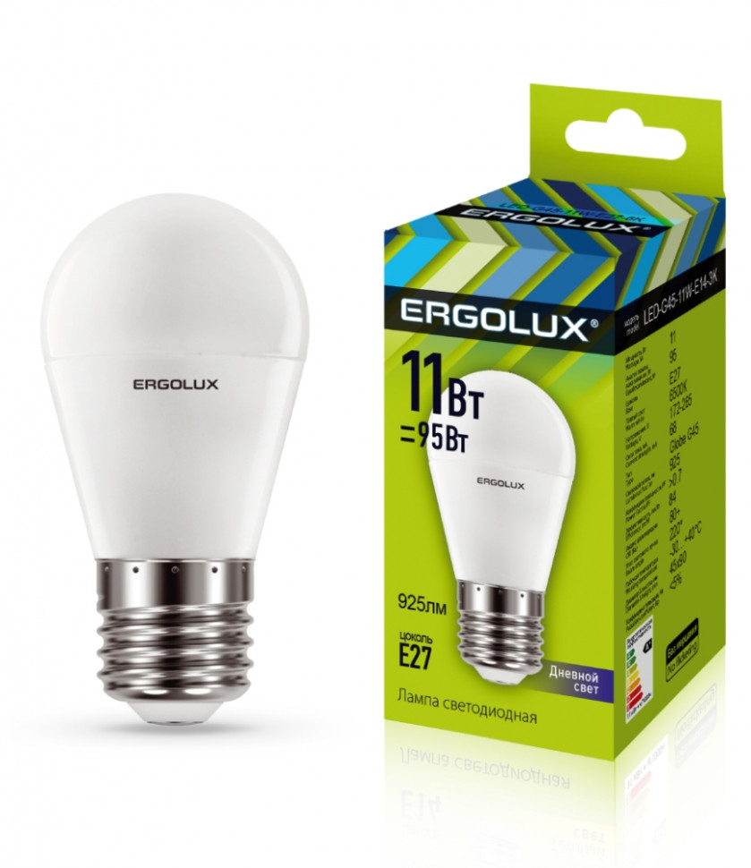 Светодиодная лампа E27 11W 6500К (холодный) Ergolux LED-G45-11W-E27-6K (13632) пластиковый чайник ergolux
