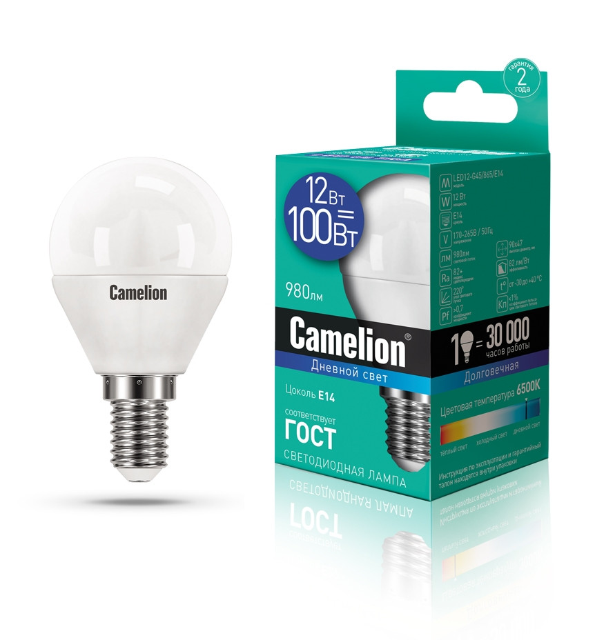 Светодиодная лампа E14 12W 6500К (холодный) G45 Camelion LED12-G45/865/E14 (13697) офисная настольная лампа camelion kd 308 c02