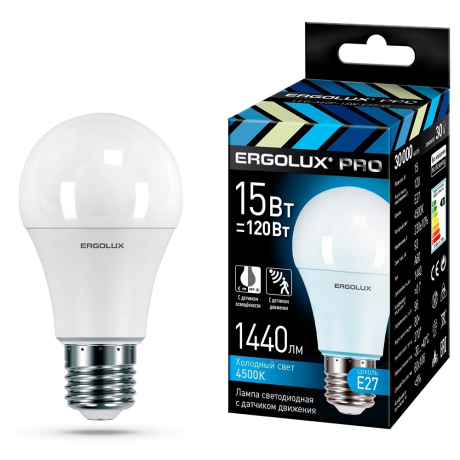 Ergolux LED-A60P-15W-E27-4K PRO (Эл.лампа светодиодная ЛОН 15Вт Е27 4500К 220-240В с датчиками) (14763)