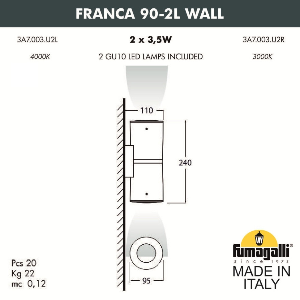 3A7.003.000.AXU2L Уличный настенный светильник Fumagalli Franca 90, цвет черный - фото 2