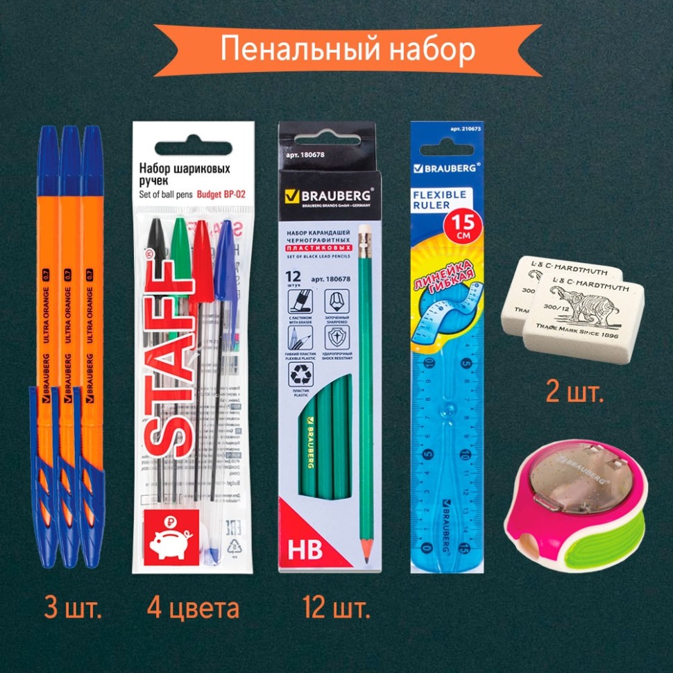 Набор для Goods: пенальный набор шариковая ручка 3 шт. + карандаши чернографитные 12 шт. + цветные шариковые ручки 4 шт. + ластик 2 шт. + точилка с контейнером 1 шт. + линейка 15 см. 1 шт