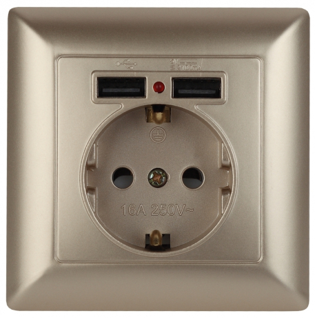Розетка ЭРА Intro Solo Schuko P+E 16A 250V со шторками 2хUSB шампань 4-410-04 190943