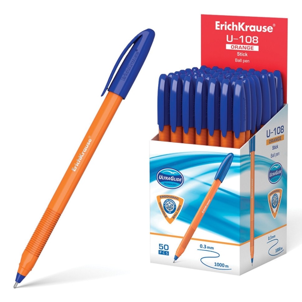 Комплект шариковых ручек ErichKrause U-108 Orange Stick 1.0, Ultra Glide Technology, синий - 50 шт. 100032792196