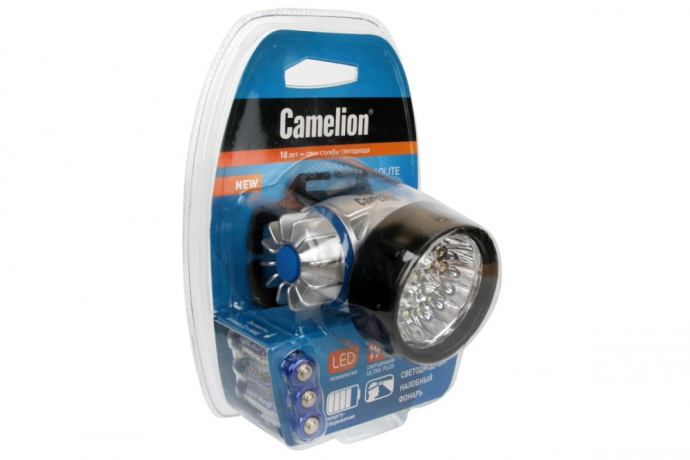 Налобный светодиодный фонарь на батарейках. Дистанция освещения - 40 м. Поворотный корпус. 4 режима работы. Camelion 188898 (8138)