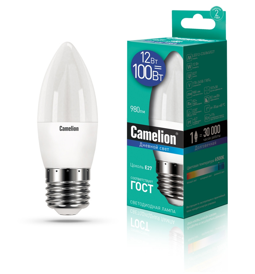 Светодиодная лампа E27 12W 6500К (холодный) C35 Camelion LED12-C35/865/E27 (13692)