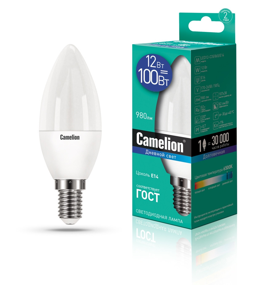 Светодиодная лампа E14 12W 6500К (холодный) C35 Camelion LED12-C35/865/E14 (13691)