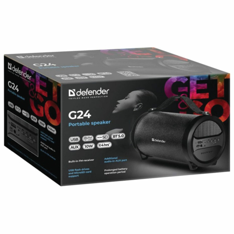 Колонка портативная DEFENDER G24, 1.0, 10 Вт, Bluetooth, FM-тюнер, microSD, чёрная, 65124 (513687)