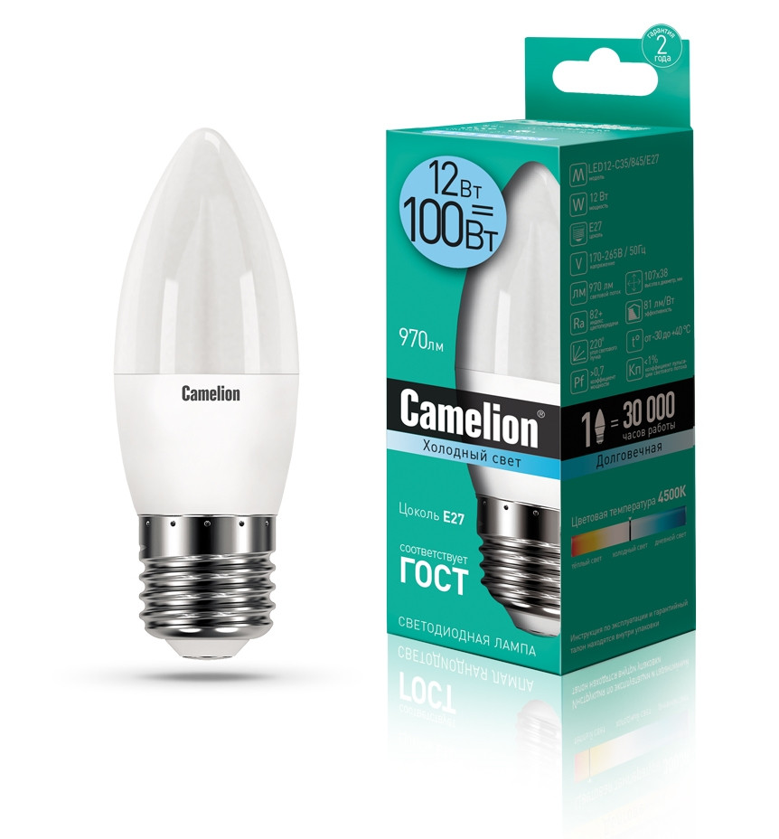лампа светодиодная camelion led12 g45 865 e14 Светодиодная лампа E27 12W 4500К (белый) C35 Camelion LED12-C35/845/E27 (13690)