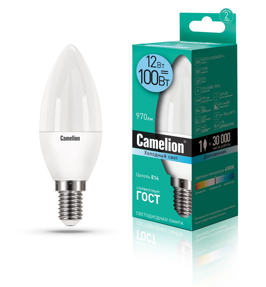 лампа светодиодная camelion led12 g45 865 e14 Светодиодная лампа E14 12W 4500К (белый) C35 Camelion LED12-C35/845/E14 (13689)