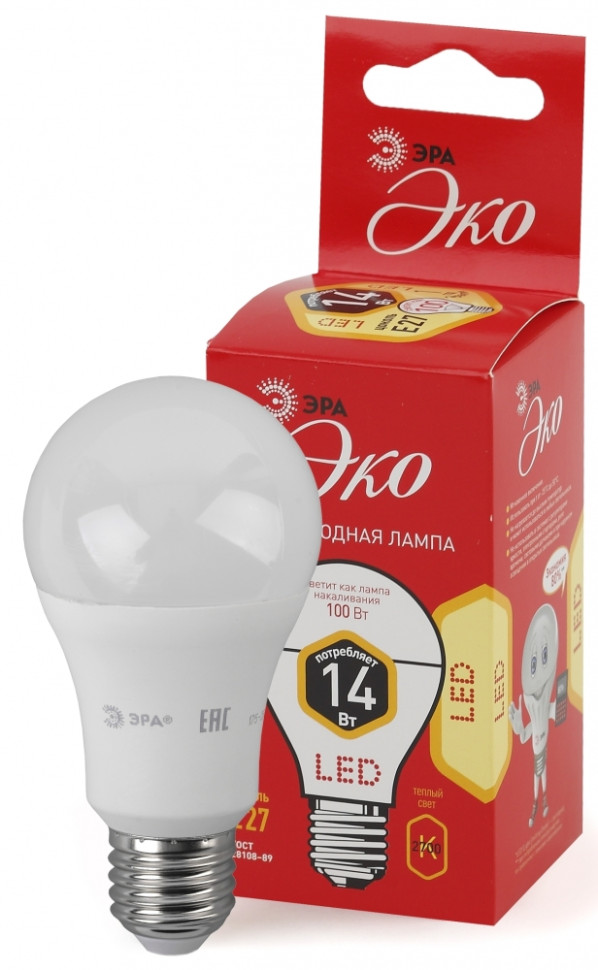 ECO LED A60-14W-827-E27 Лампа светодиодная, груша, 14Вт, 2700К, E27 Эра Б0030028