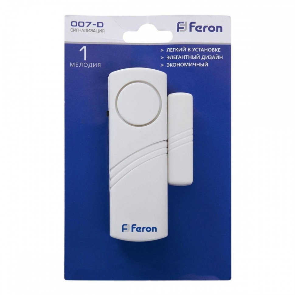 Звонок-сигнализация дверной беспроводной Feron 007-D Электрический 1 мелодия белый с питанием от батареек 23602 бытовой электрический дверной звонок elektrostandard
