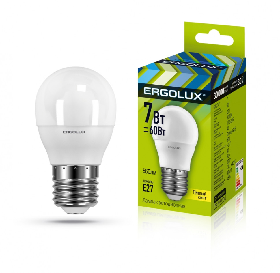 Светодиодная лампа E27 7W 3000K (теплый) Ergolux LED-G45-7W-E27-3K (12143) чайник ergolux elx ks06 c16 светло зеленый 13940