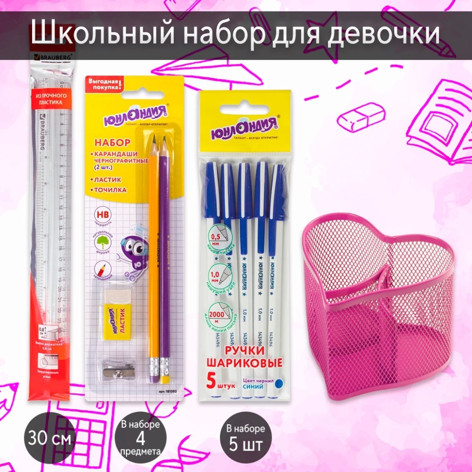 Набор из органайзера для девочки и письменных принадлежностей (ручки, карандаши, ластик, точилка, линейка)