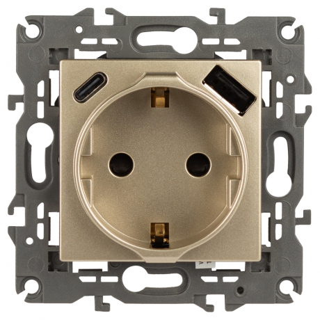 Розетка ЭРА Elegance  2P+E 16A-250В со шторками с USB type-A+C 5В-3А шампань (767057)