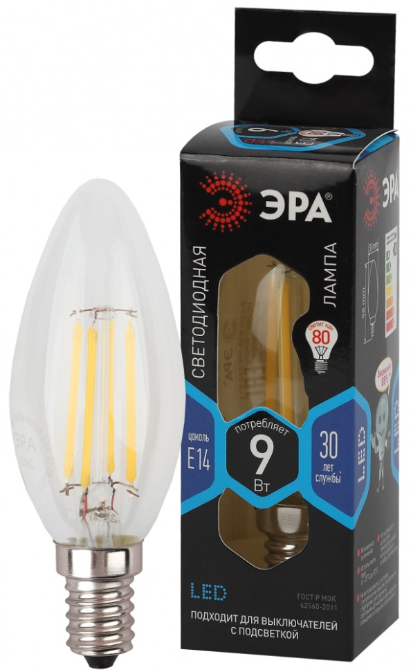 Филаментная светодиодная лампа Е14 9W 4000К (белый) Эра F-LED B35-9w-840-E14 (Б0046995) - фото 2