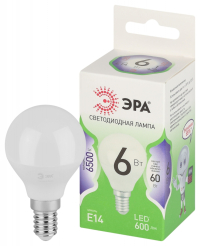 Лампочка светодиодная ЭРА GREEN LINE LED P45-6W-865-E14 GL E14 6 Вт шар холодный свет Б0067069