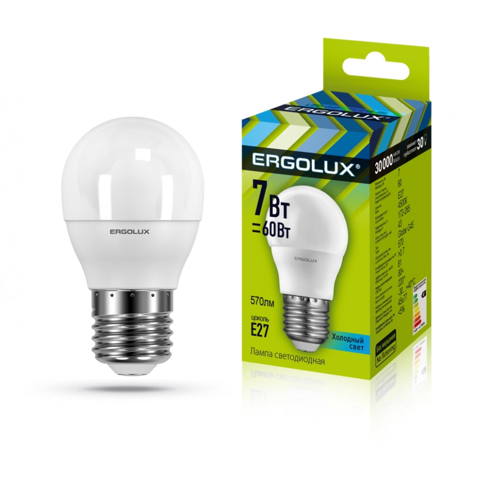 Светодиодная лампа E27 7W 4500K (белый) Ergolux LED-G45-7W-E27-4K (12145)