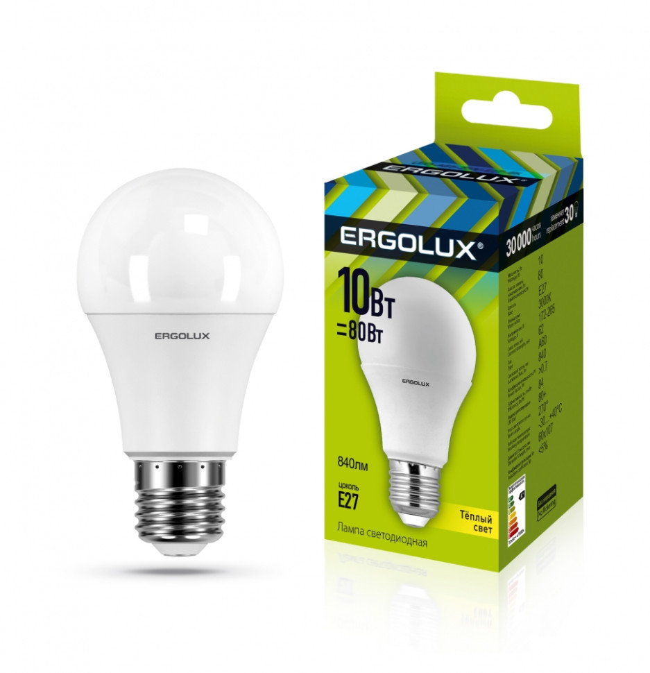 Светодиодная лампа E27 10W 3000K (теплый) Ergolux LED-A60-10W-E27-3K (12148) пластиковый чайник ergolux