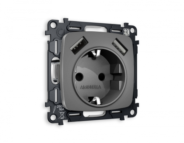 Розетка с заземлением и 2хUSB type A, без рамки Ambrella Volt OMEGA MO659010 