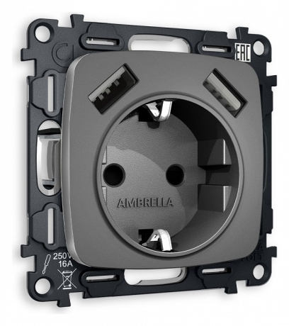 Розетка с заземлением и 2хUSB type A, без рамки Ambrella Volt OMEGA MO659010 