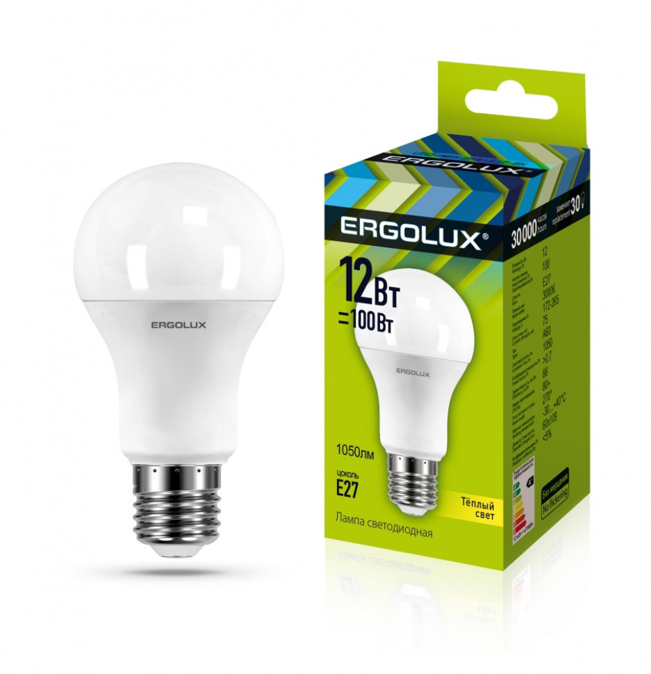 Светодиодная лампа E27 12W 3000K (теплый) Ergolux LED-A60-12W-E27-3K (12150) пластиковый чайник ergolux