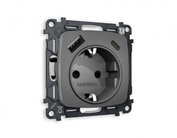 Розетка с заземлением и 2хUSB type A и C, без рамки Ambrella Volt OMEGA MO660010 