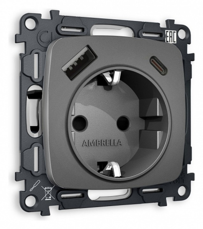Розетка с заземлением и 2хUSB type A и C, без рамки Ambrella Volt OMEGA MO660010 