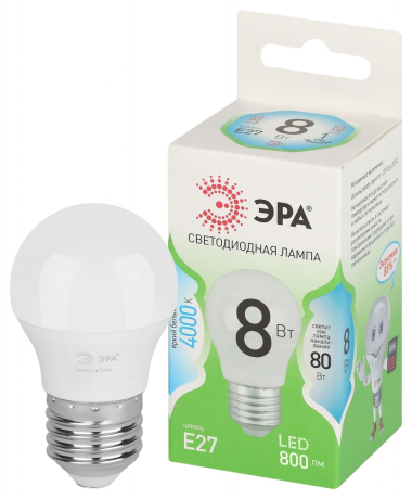 Лампочка светодиодная ЭРА GREEN LINE LED P45-8W-840-E27 GL E27 8 Вт шар яркий белый свет Б0067073 