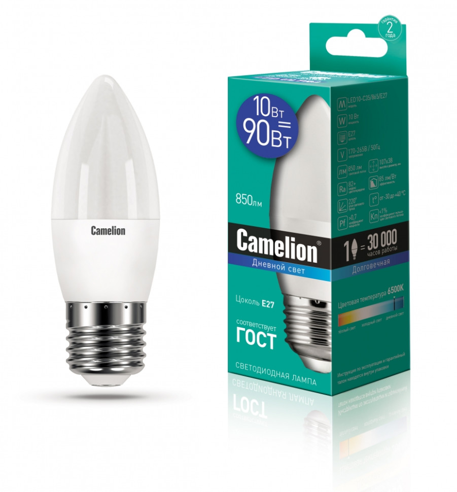 Светодиодная лампа E27 10W 6500К (холодный) C35 Camelion LED10-C35/865/E27 (13564)