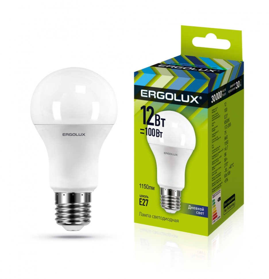 Светодиодная лампа E27 12W 6500K (холодный) Ergolux LED-A60-12W-E27-6K (12880) - фото 1