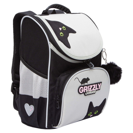 Нарушена упаковка!  <796720> Ранец GRIZZLY анатомическая спинка, с мешком для обуви, для девочек, "BLACKY", серый, 33х25х13 см, RAm-584-1/2 (274133)