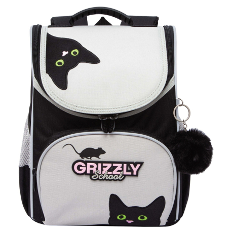Нарушена упаковка!  <796720> Ранец GRIZZLY анатомическая спинка, с мешком для обуви, для девочек, "BLACKY", серый, 33х25х13 см, RAm-584-1/2 (274133)