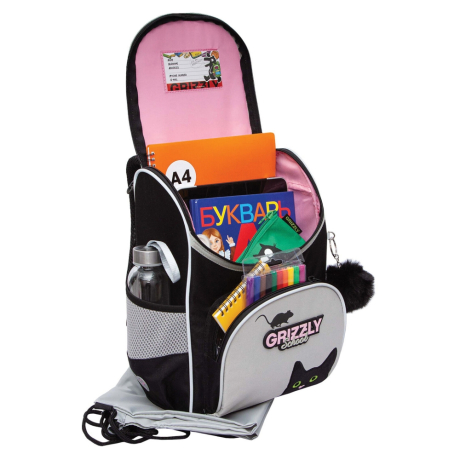 Нарушена упаковка!  <796720> Ранец GRIZZLY анатомическая спинка, с мешком для обуви, для девочек, "BLACKY", серый, 33х25х13 см, RAm-584-1/2 (274133)