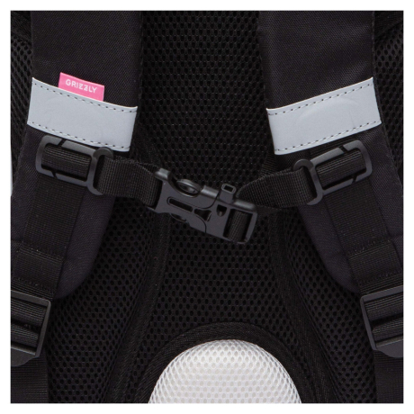 Нарушена упаковка!  <796720> Ранец GRIZZLY анатомическая спинка, с мешком для обуви, для девочек, "BLACKY", серый, 33х25х13 см, RAm-584-1/2 (274133)