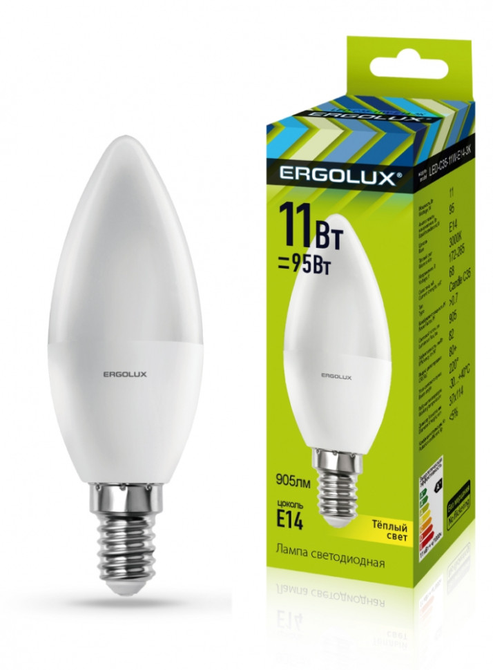 Светодиодная лампа E14 11W 3000К (теплый) Ergolux LED-C35-11W-E14-3K (13618) чайник ergolux elx ks06 c16 светло зеленый 13940