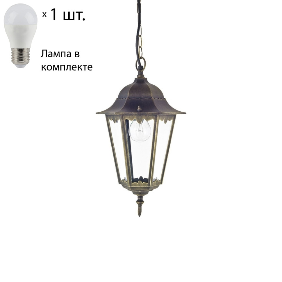 Уличный подвесной светильник с лампочкой Favourite London 1808-1P+Lamps E27 P45, цвет черный с золотой патиной 1808-1P+Lamps E27 P45 - фото 1