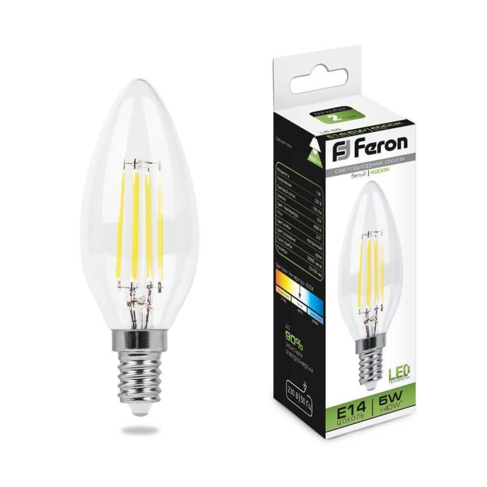 Лампа светодиодная Feron LB-58 Свеча E14 5W 4000K 25573 лампа светодиодная филаментная feron e14 5w 4000k свеча прозрачная lb 58 25573