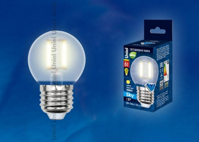 Филаментная светодиодная лампа E27 6W 3000K (теплый) Sky Uniel LED-G45-6W-WW-E27-FR PLS02WH (UL-00000302) 
