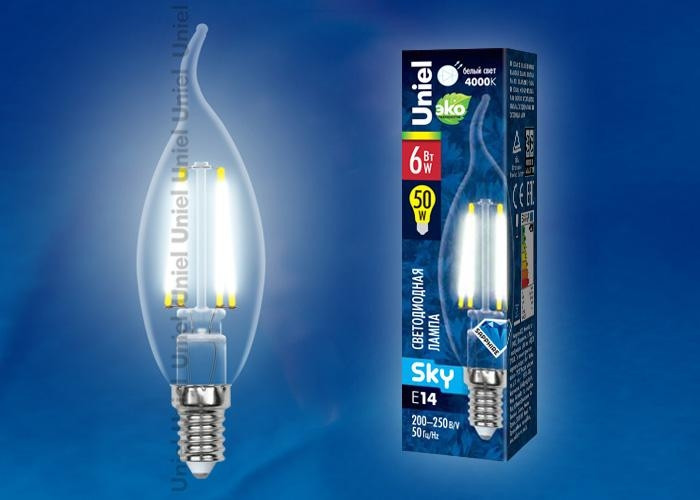 Лампа светодиодная E14 6W 4000K (Белый свет) свеча на ветру прозрачная Uniel Sky LED-CW35-6W/NW/E14/CL PLS02WH картон (UL-00001374) LED-CW35-6W/NW/E14/CL PLS02WH картон - фото 2