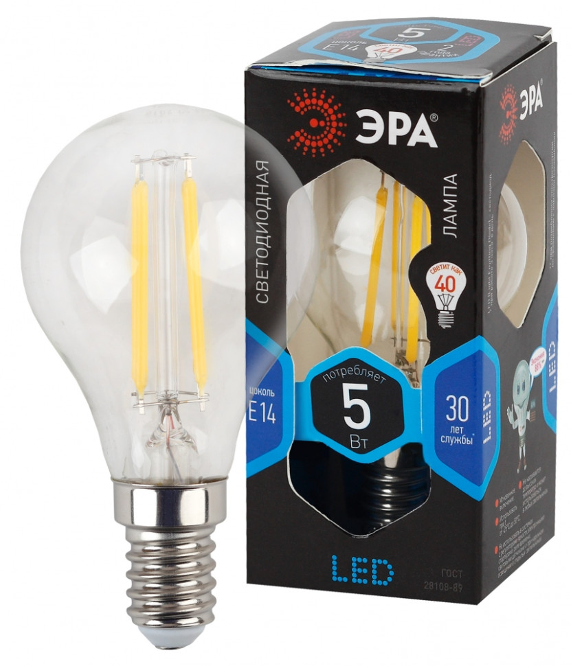 Лампа светодиодная филаментная ЭРА E14 5W 4000K прозрачная F-LED P45-5W-840-E14 Б0019007 - фото 1