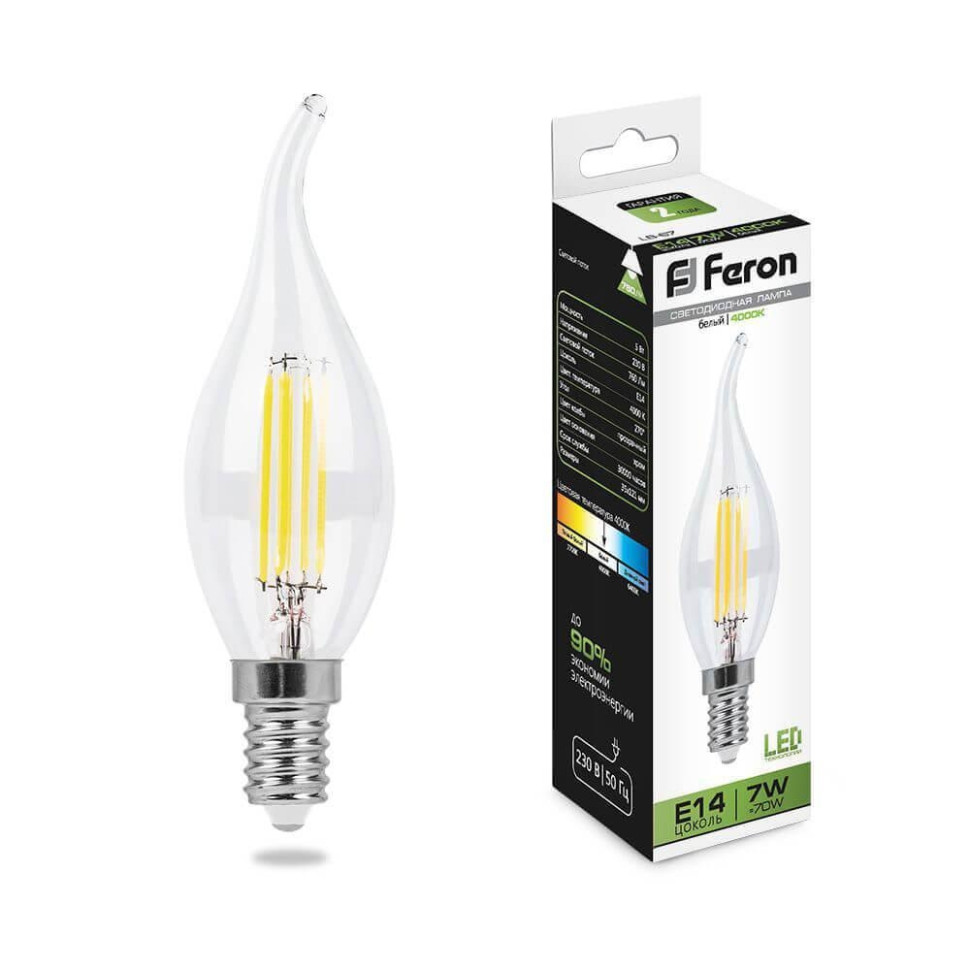Лампа светодиодная Feron LB-67 Свеча на ветру E14 7W 4000K 25781 светодиодная лампа rev filament свеча на ветру fc37 e27 7w 2700k deco premium 32429 4