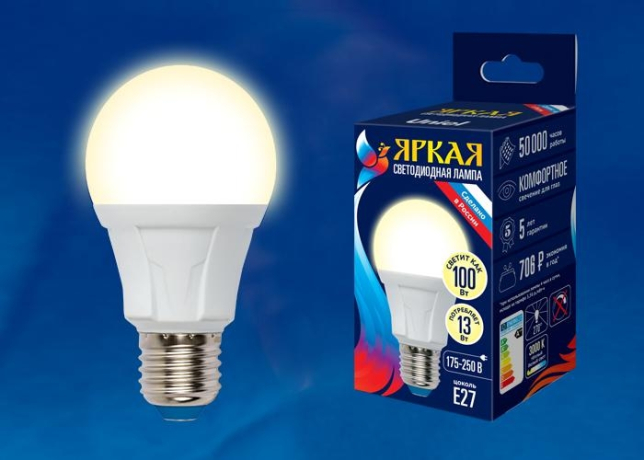 Светодиодная лампа E27 13W 3000K (теплый) Uniel LED-A60 13W-3000K-E27-FR PLP01WH (UL-00005030) 