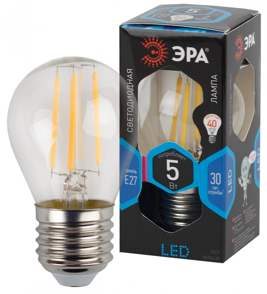 Лампа светодиодная филаментная ЭРА E27 5W 4000K прозрачная F-LED P45-5W-840-E27 Б0039191 - фото 1