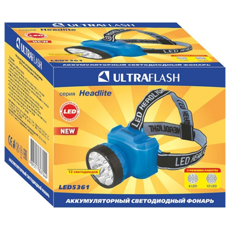 Светодиодный налобный фонарь на аккумуляторе. Поворотный корпус. Дальность 25м. Ultraflash 188962 12420